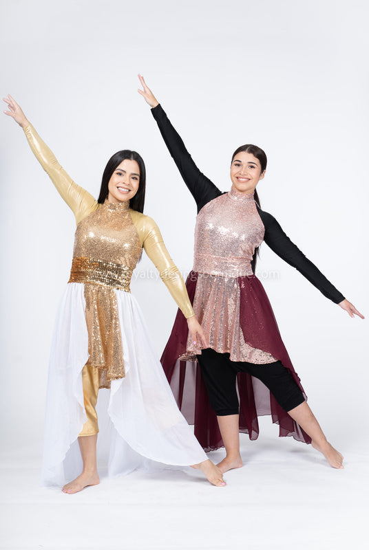 “ Praise Him ” Rose Gold Sequin Tunic with Burgundy Chiffon Skirt