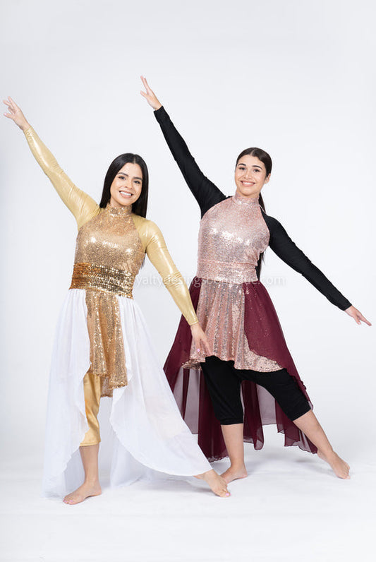 “ Praise Him ” Rose Gold Sequin Tunic with Burgundy Chiffon Skirt