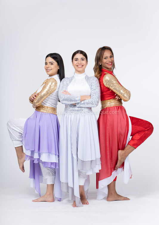 Radiance 2-Piece Velvet Capri Unitard Set with Double Chiffon Skirt & Gold Sequin Belt (Colors Vary)