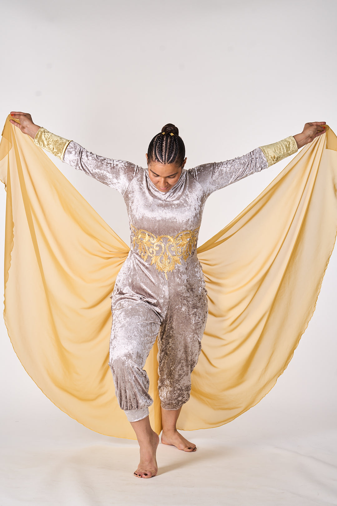 Majestic Grace Velvet Jumpsuit with Chiffon Overlay gold skirt