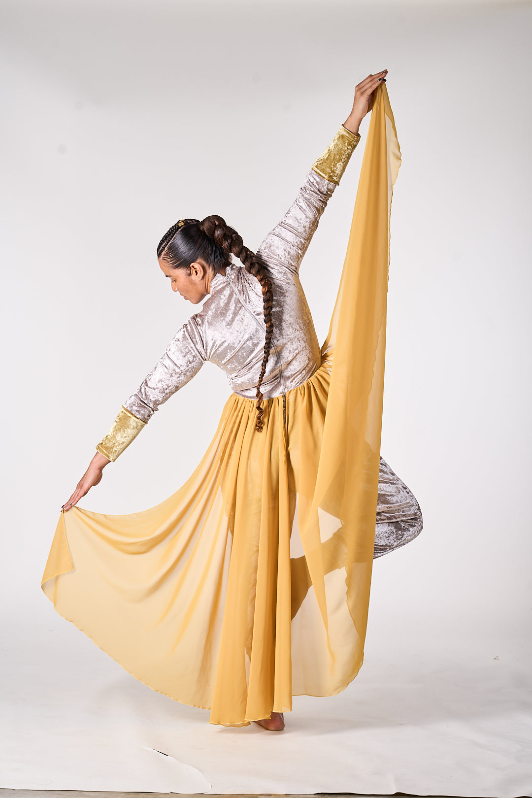 Majestic Grace Velvet Jumpsuit with Chiffon Overlay gold skirt