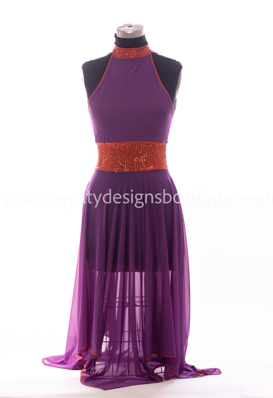 Purple & Orange Handkerchief Hem Praise Dance Tunic – Sequin Waist Mesh Overlay (Final Sale)