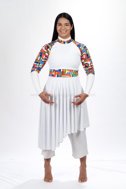 White and Nations print Praise Dance Lycra Tunic