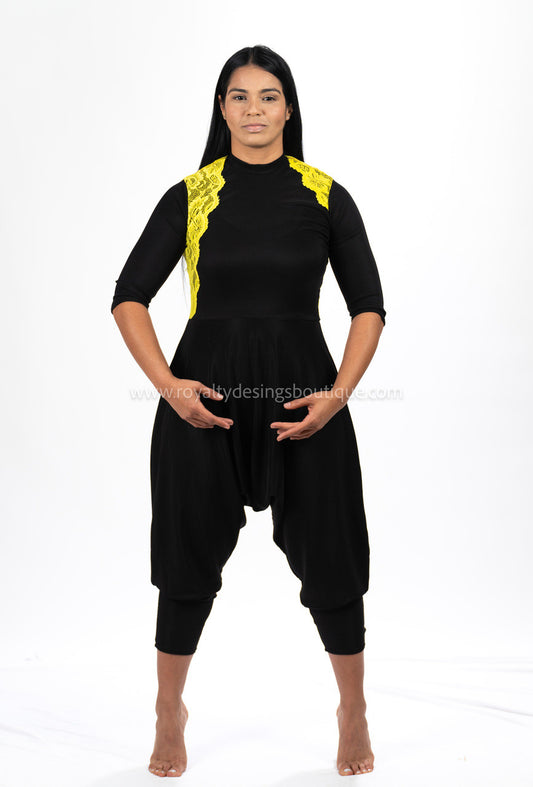 Modern Harem Unitard – Black Lycra with Elegant Yellow Lace Accents | Born again Collection